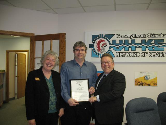(08 05 02 )- Ontario Trillilum Foundation Grant Presentation Left to right) Donna Gilhooly, Brian Walmark and Minister Michael G